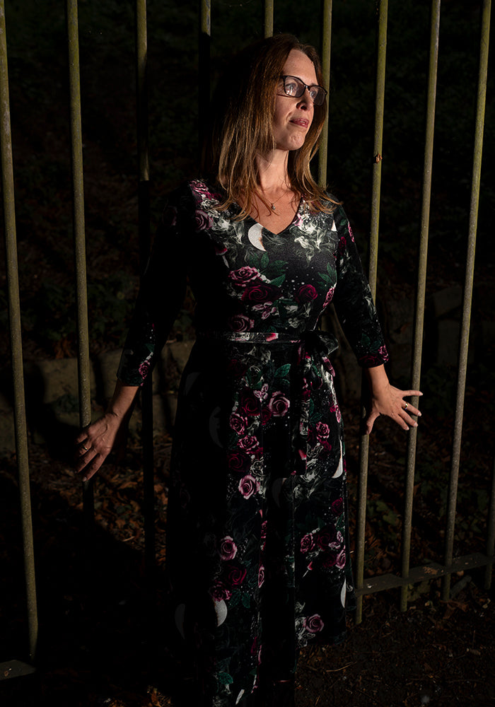 Lenore Gothic Rose Velour Print Midi Dress