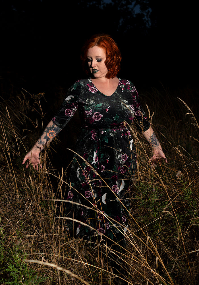 Lenore Gothic Rose Velour Print Midi Dress
