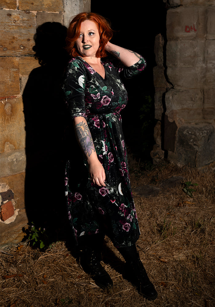 Lenore Gothic Rose Velour Print Midi Dress