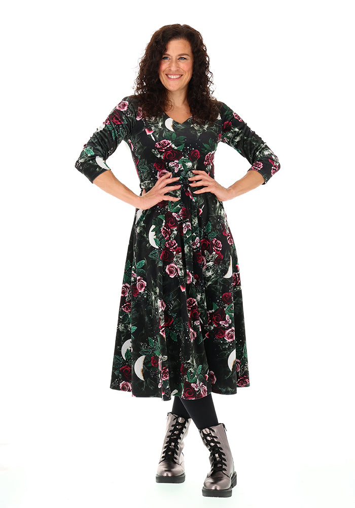 Lenore Gothic Rose Velour Print Midi Dress