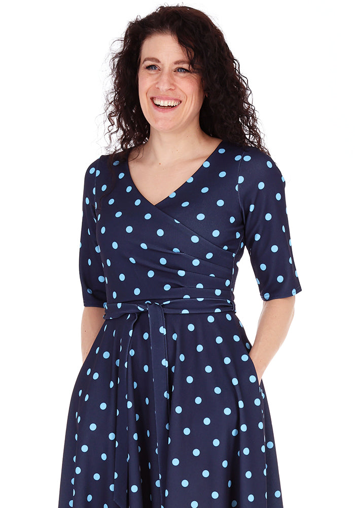 Fifth angle of Lesleigh Navy &amp; Blue Spot Print Scuba Vintage Swing Dress
