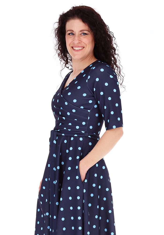 Third angle of Lesleigh Navy &amp; Blue Spot Print Scuba Vintage Swing Dress