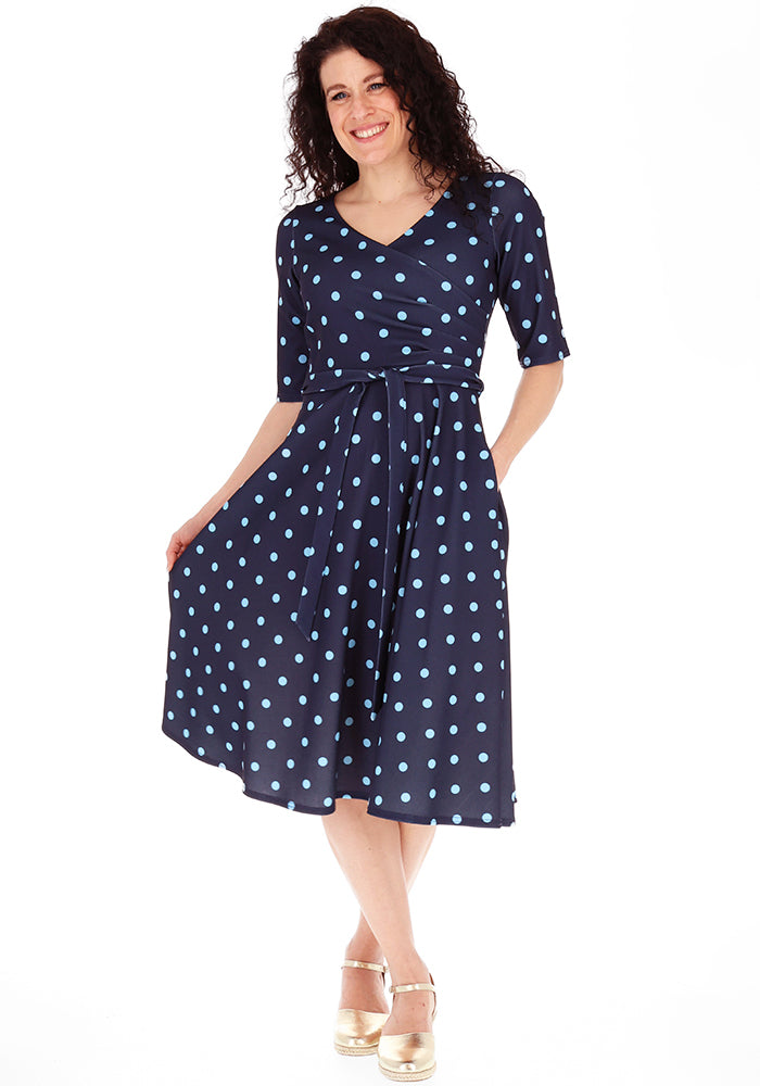 Front view of Lesleigh Navy &amp; Blue Spot Print Scuba Vintage Swing Dress