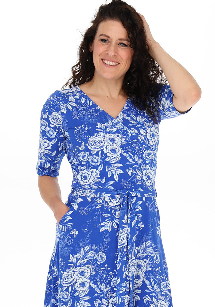 Letticia Blue &amp; White Floral Print Cotton Midi Dress
