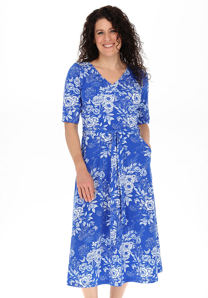 Letticia Blue &amp; White Floral Print Cotton Midi Dress