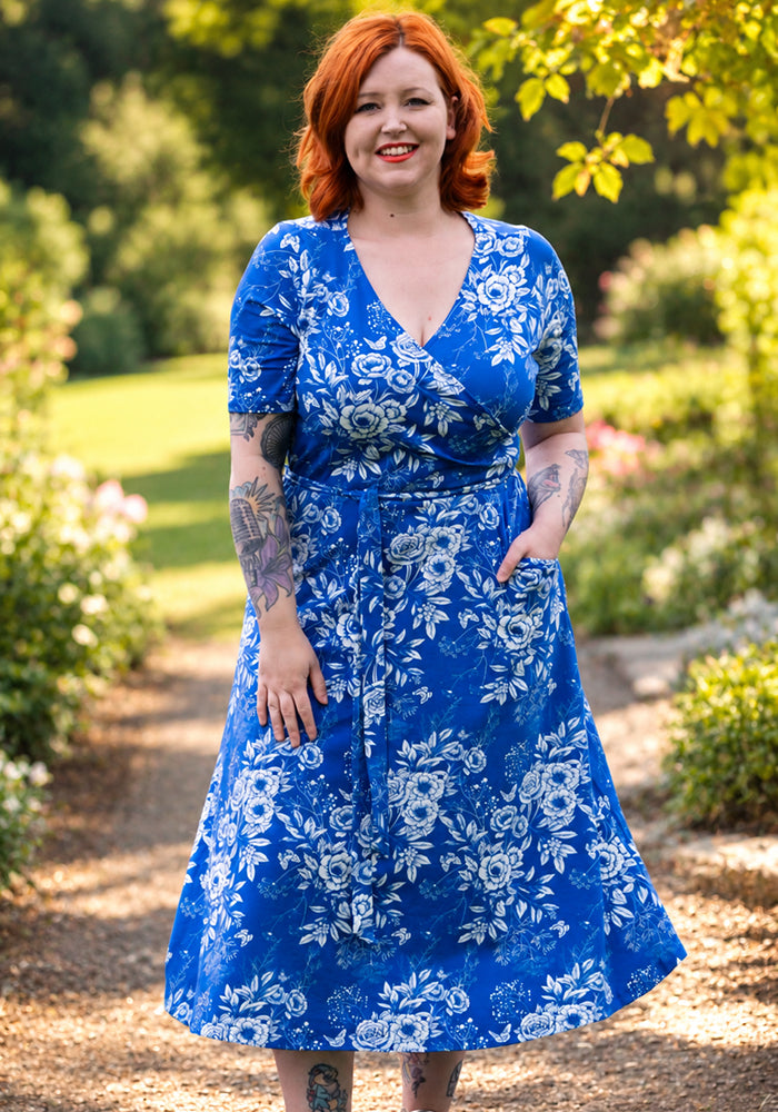 Letticia Blue &amp; White Floral Print Cotton Midi Dress