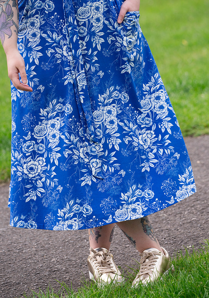 Letticia Blue &amp; White Floral Print Cotton Midi Dress