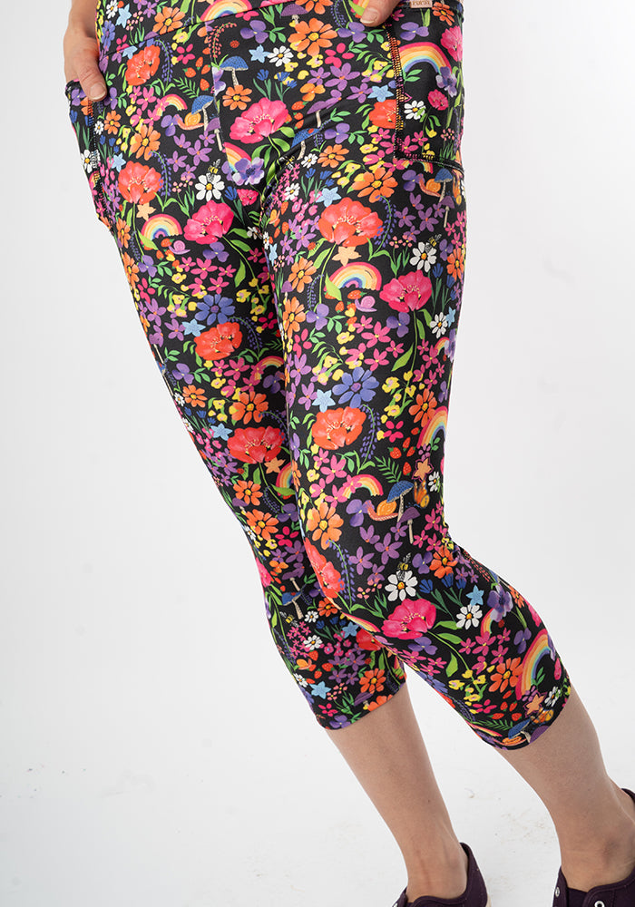 Front view of Lewis Garden Rainbow Print Capri Leggings