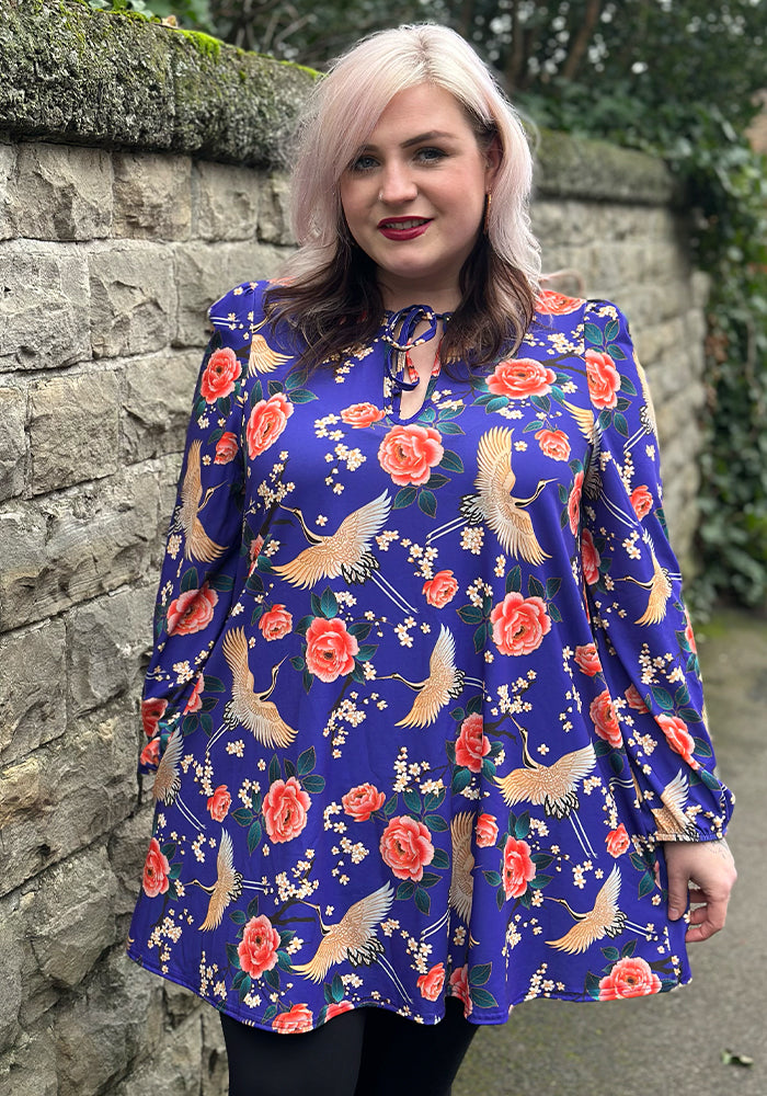 Front view of Lewna Floral Crane Print Jersey Tunic (Purple)