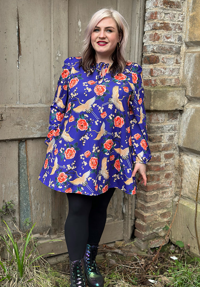 Eighth angle of Lewna Floral Crane Print Jersey Tunic (Purple)