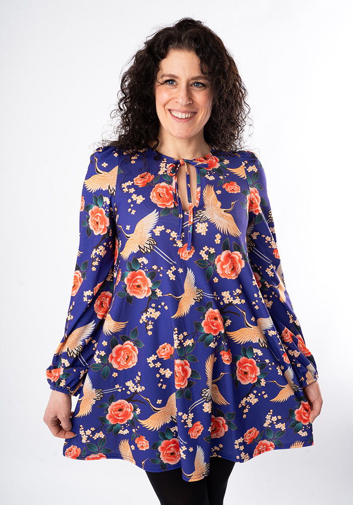 Third angle of Lewna Floral Crane Print Jersey Tunic (Purple)