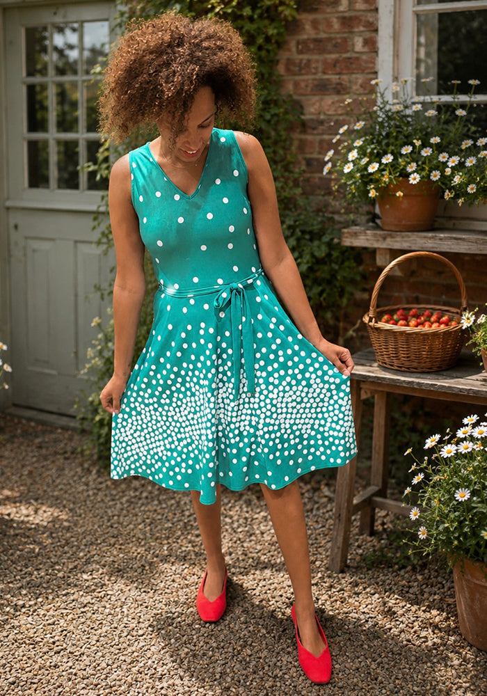 Front view of Lex Border Print Green &amp; Ecru Spot Dress
