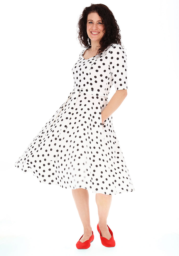 Third angle of Liberty Mono Polka Dot Print Scuba Crepe Swing Dress