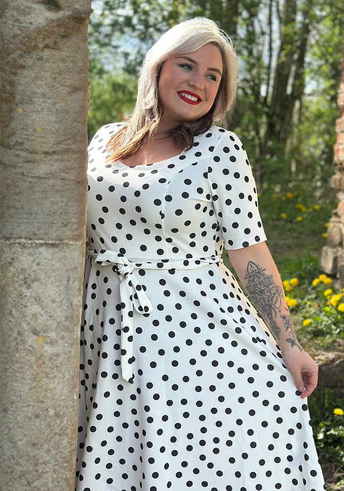 Seventh angle of Liberty Mono Polka Dot Print Scuba Crepe Swing Dress