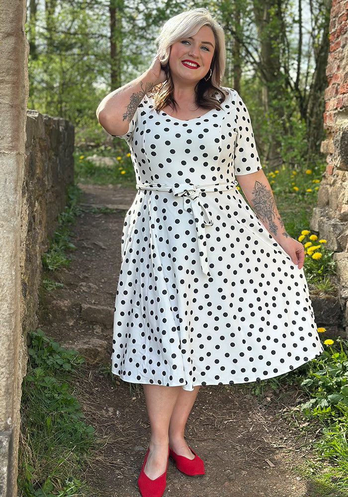 Ninth angle of Liberty Mono Polka Dot Print Scuba Crepe Swing Dress