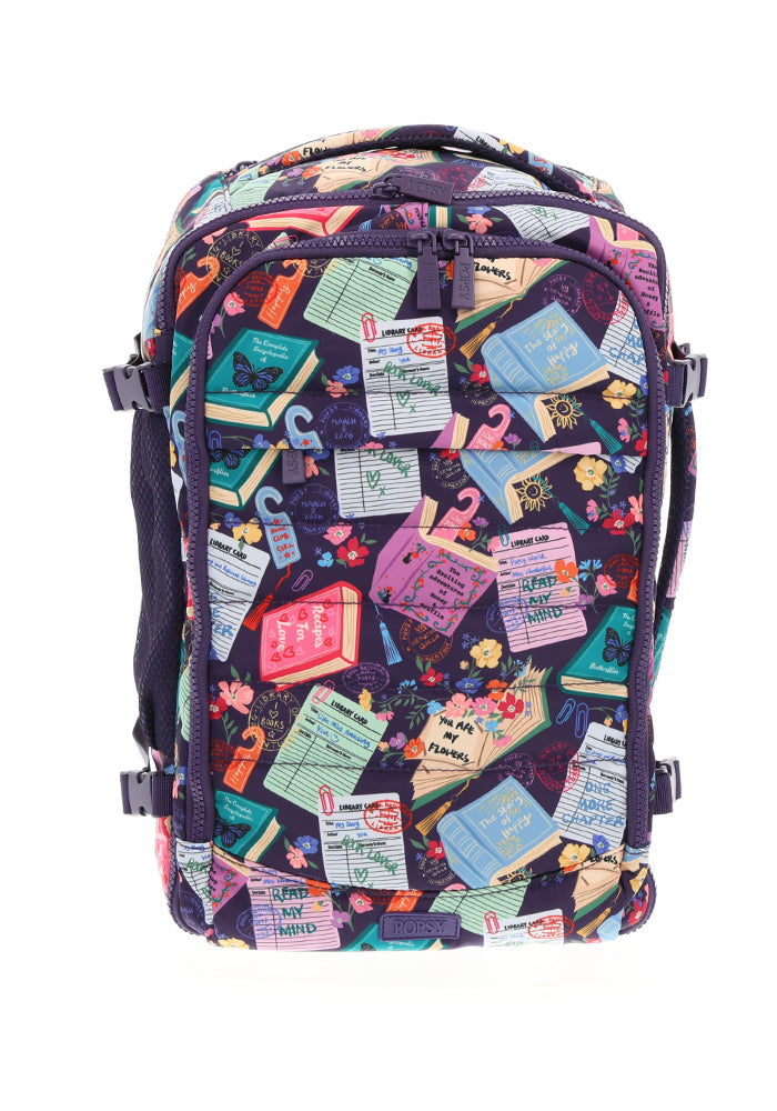 Front view of Library Books Print Cabin Bag, cabin Bag with quirky Library Book print.