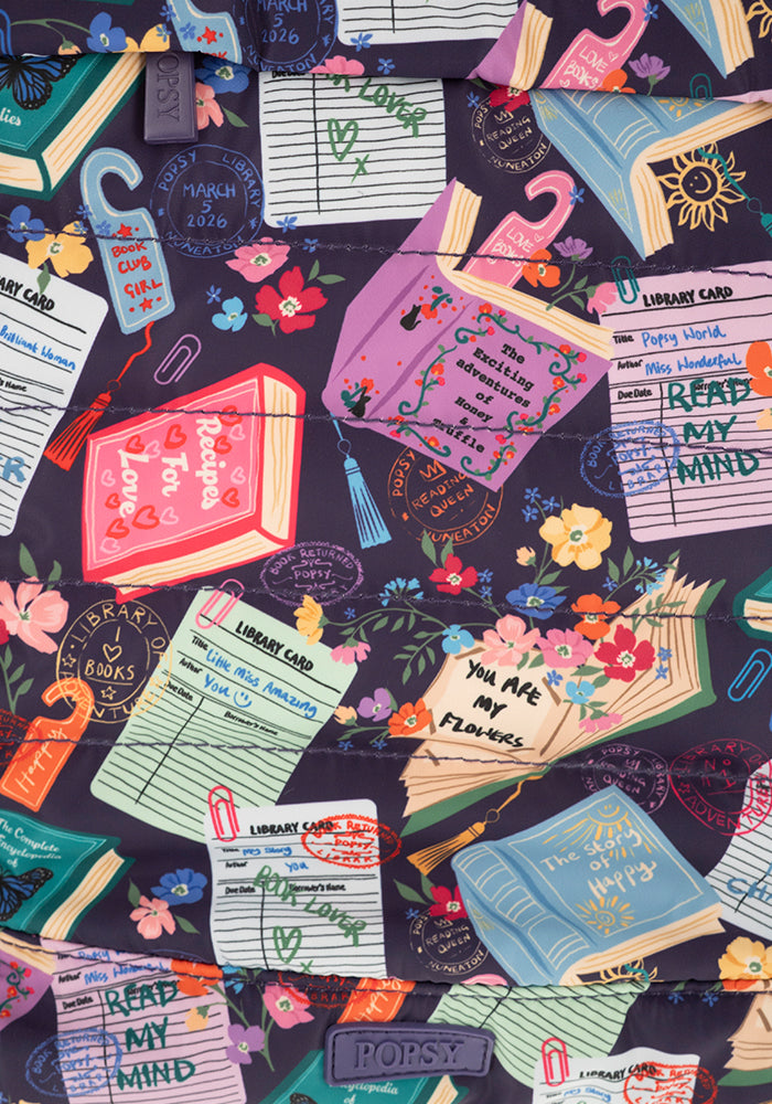Second angle of Library Books Print Cabin Bag, cabin Bag with quirky Library Book print.