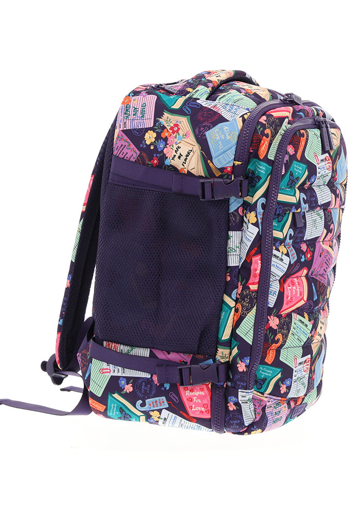 Third angle of Library Books Print Cabin Bag, cabin Bag with quirky Library Book print.