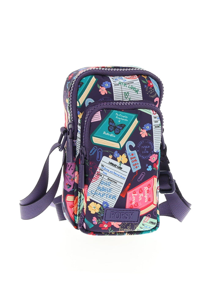 Front view of Library Books Print Phone Pocket Bag
