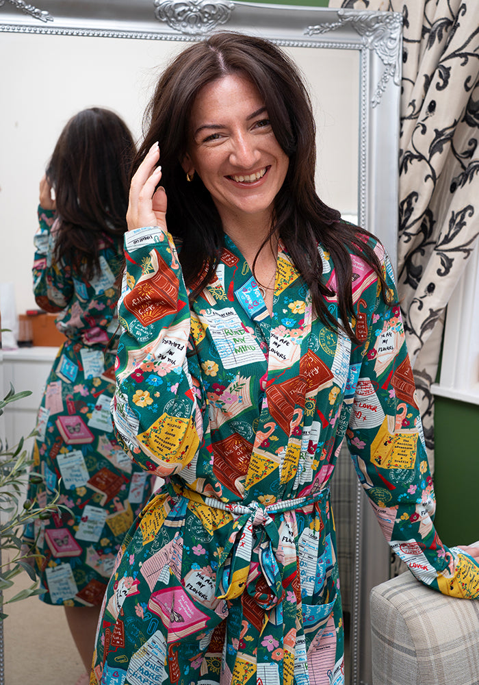 Fourth angle of Library Books Print Cotton Dressing Gown (Teal)