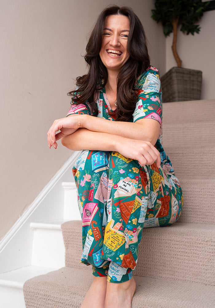 Fourth angle of Library Books Print Tapered Leg Cotton Pyjama Set (Teal)