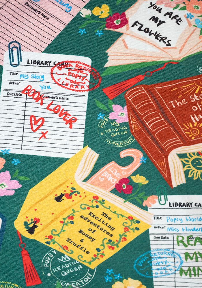 Second angle of Library Books Print Tapered Leg Cotton Pyjama Set (Teal)