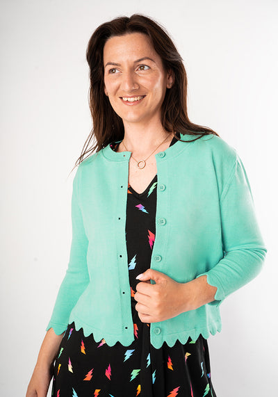 Light Aqua Fine Knit Scallop Cardigan