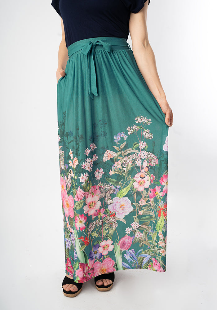 Third angle of Lila-Jane Meadow Border Print Maxi Skirt