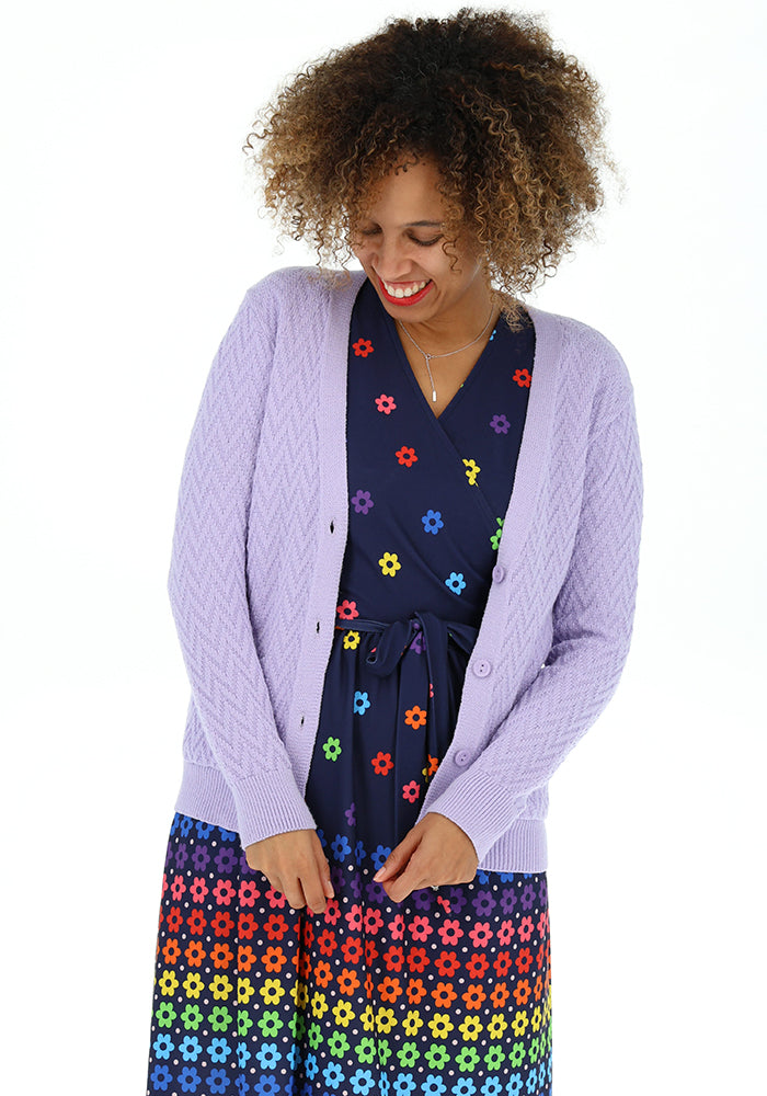 Front view of Lilac Chevron Knit Cardigan, lilac Chevron Knit Cardigan An easy layer you&