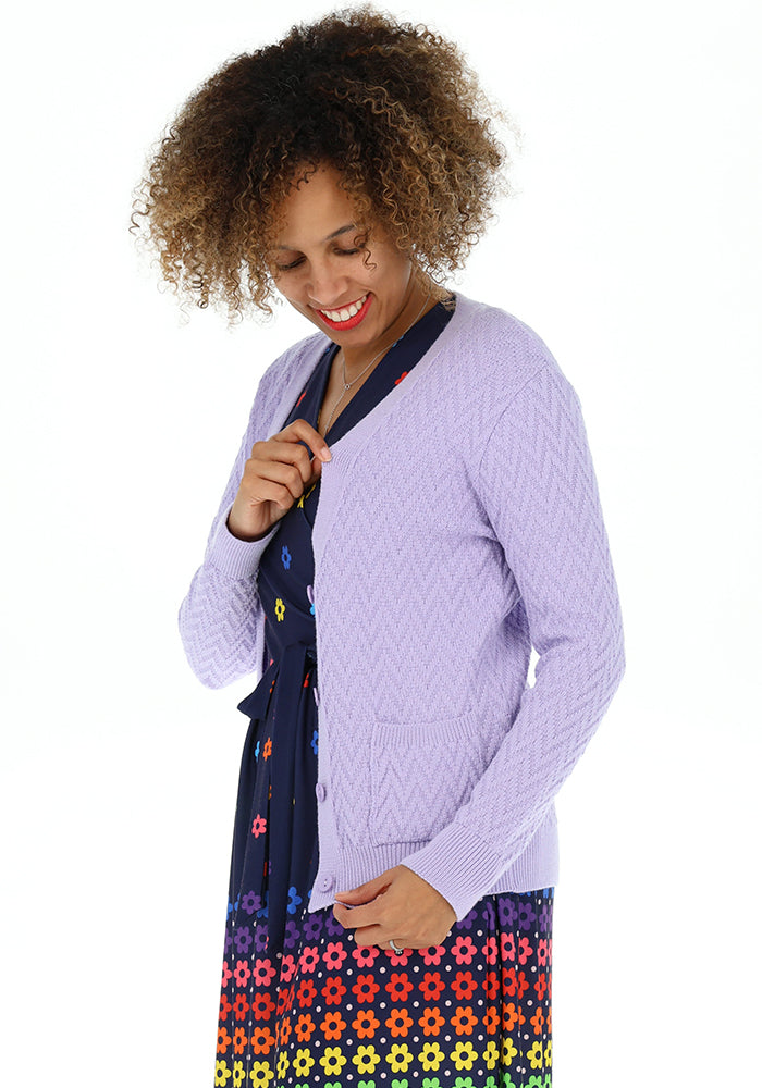 Second angle of Lilac Chevron Knit Cardigan, lilac Chevron Knit Cardigan An easy layer you&