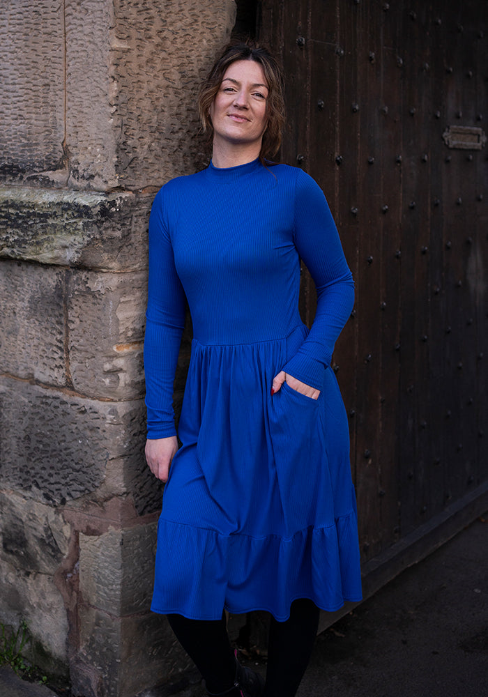 Lilah Cobalt Blue Turtle Neck Tiered Hem Dress
