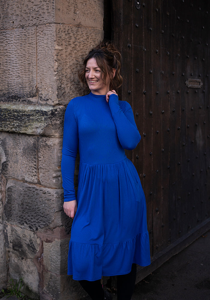 Lilah Cobalt Blue Turtle Neck Tiered Hem Dress