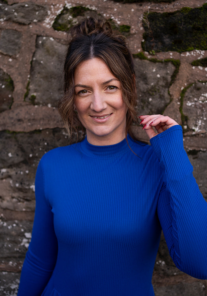 Lilah Cobalt Blue Turtle Neck Tiered Hem Dress