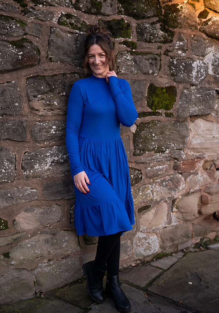 Lilah Cobalt Blue Turtle Neck Tiered Hem Dress