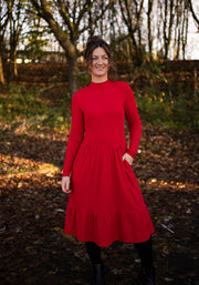 Lilah Red Turtle Neck Tiered Hem Dress