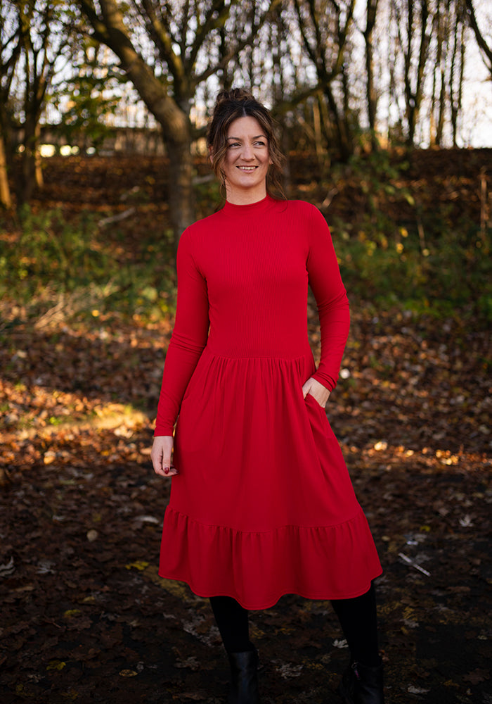 Lilah Red Turtle Neck Tiered Hem Dress