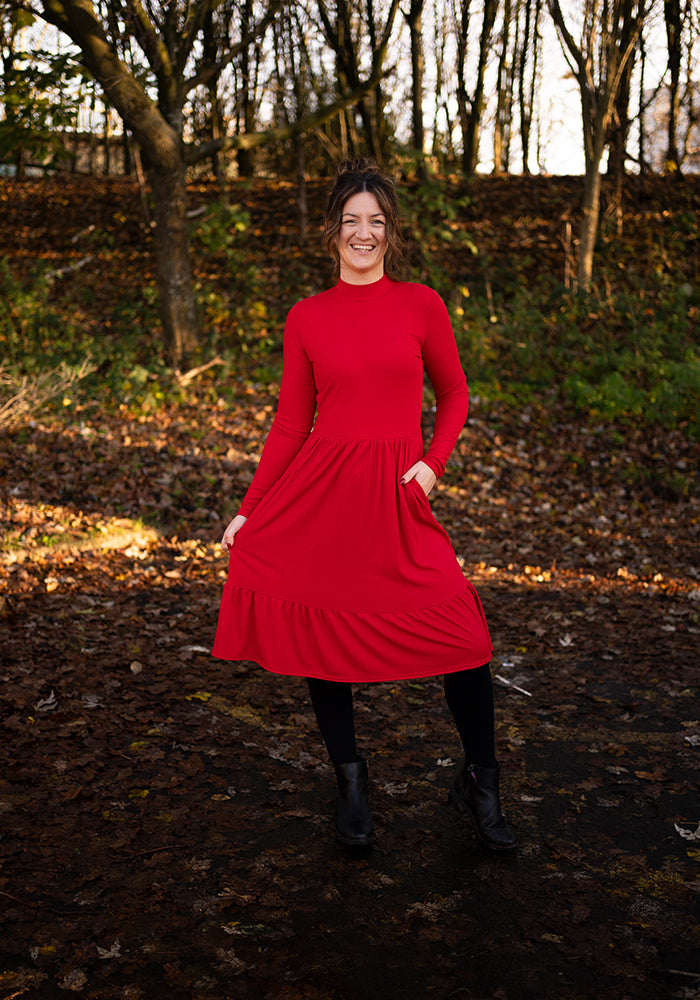 Lilah Red Turtle Neck Tiered Hem Dress