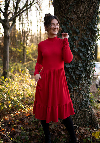 Lilah Red Turtle Neck Tiered Hem Dress