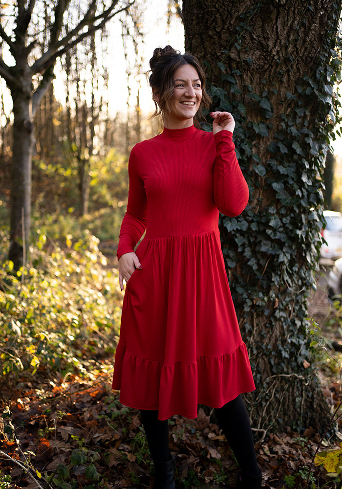Lilah Red Turtle Neck Tiered Hem Dress