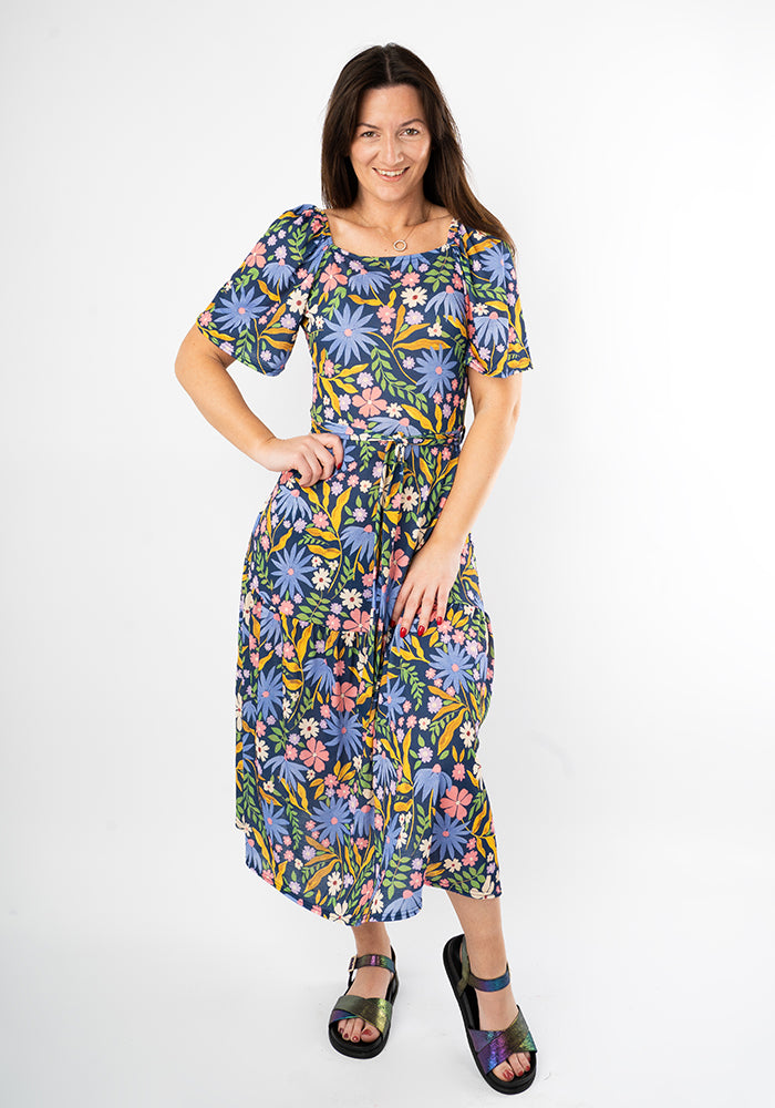 Lillith Painted Flower Print Tiered Hem Midi Dress