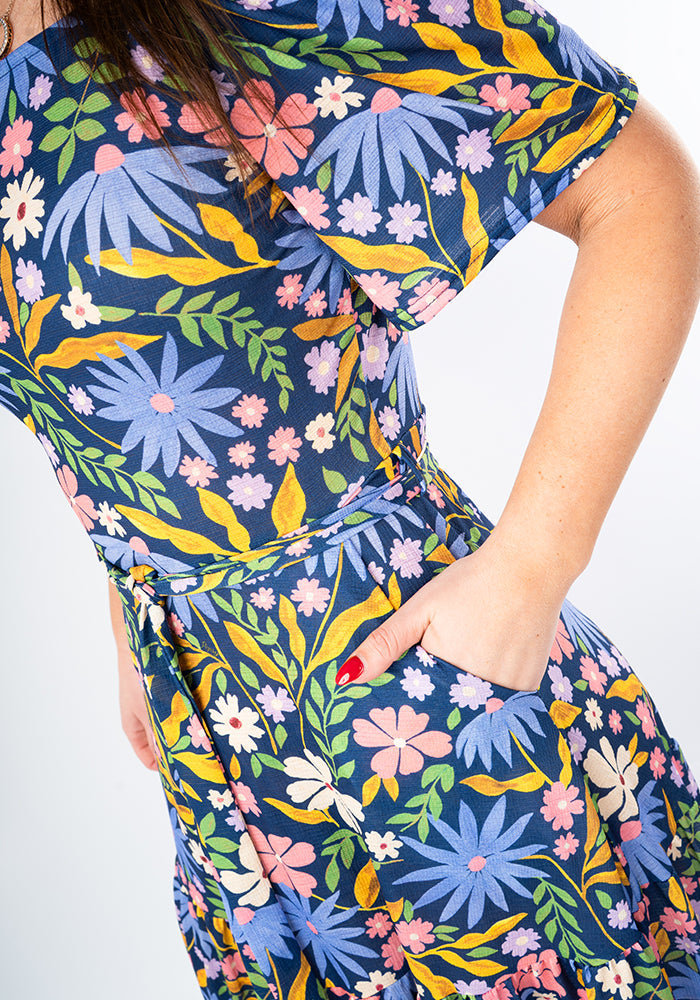 Lillith Painted Flower Print Tiered Hem Midi Dress