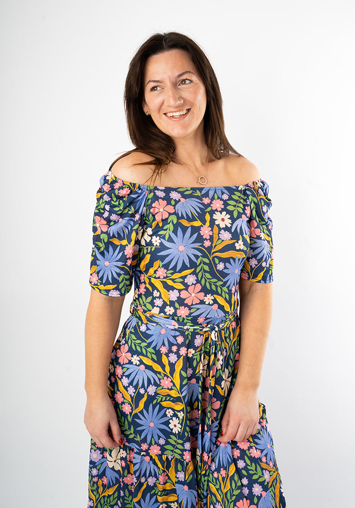Lillith Painted Flower Print Tiered Hem Midi Dress
