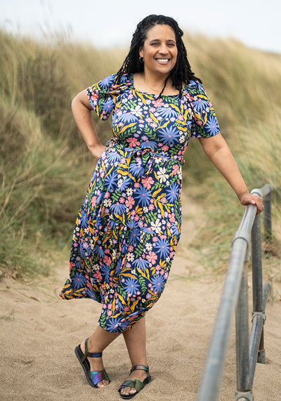 Lillith Painted Flower Print Tiered Hem Midi Dress