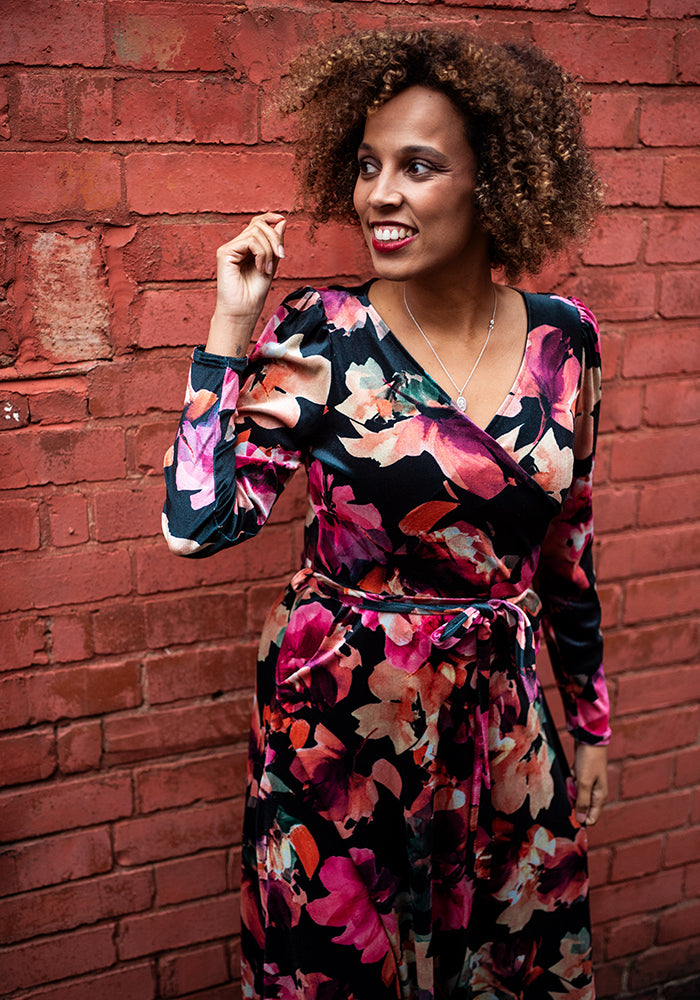 Lindsey Inky Floral Printed Velour Midi Dress