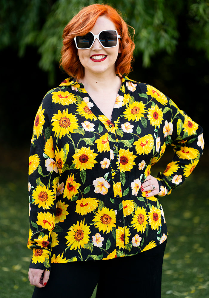 Laken Black Sunflower Print Woven Popsy Shirt