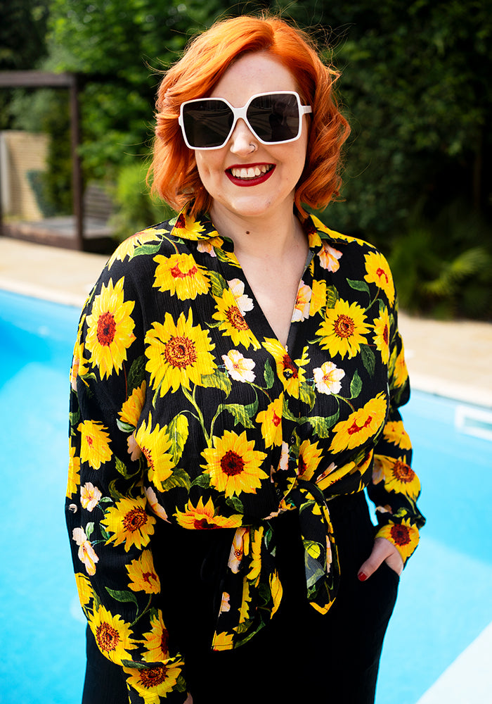 Laken Black Sunflower Print Woven Popsy Shirt