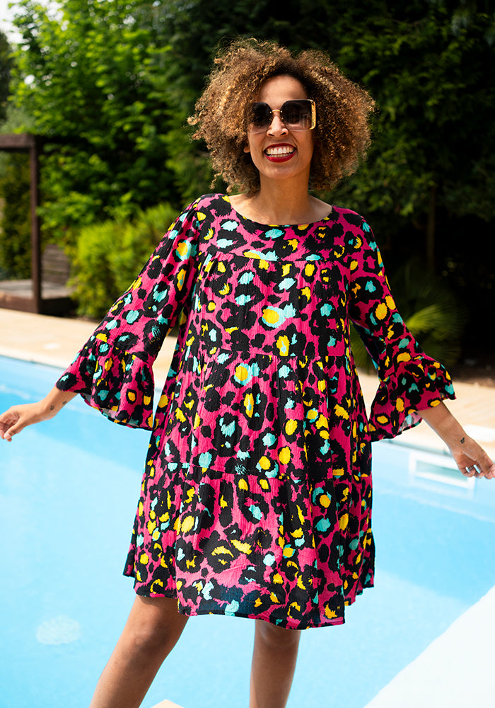 Seventh angle of Every Pink Animal Print Woven Tiered Hem Dress