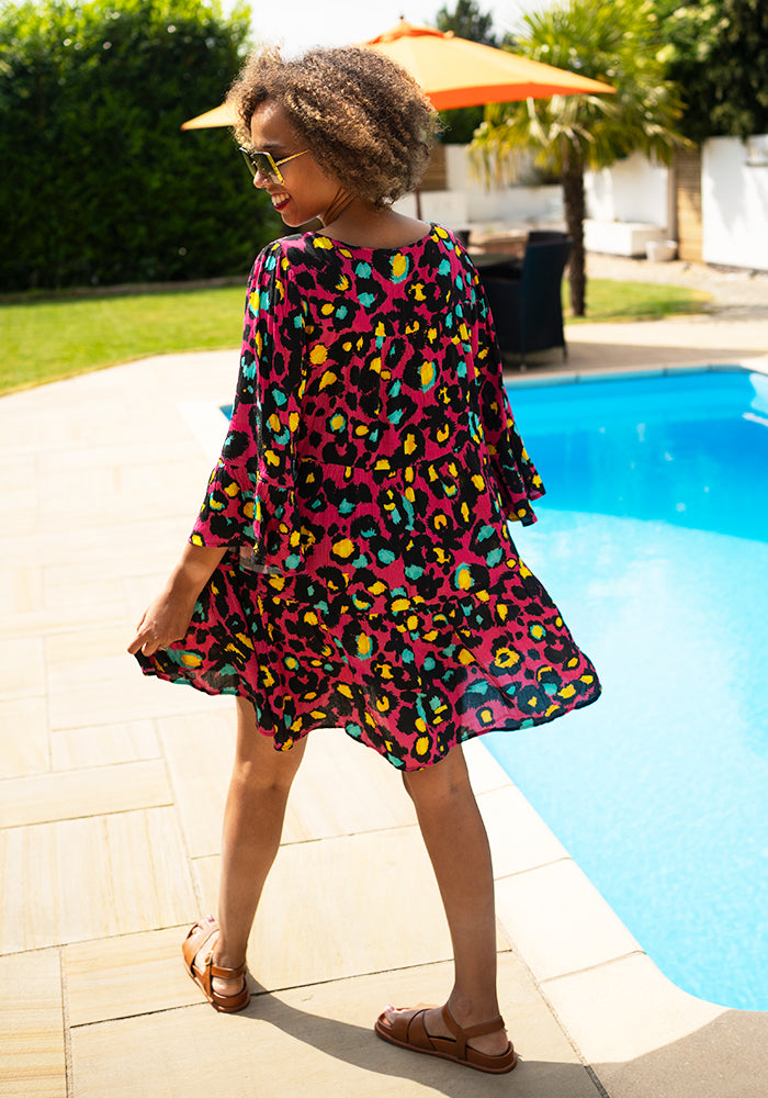Sixth angle of Every Pink Animal Print Woven Tiered Hem Dress
