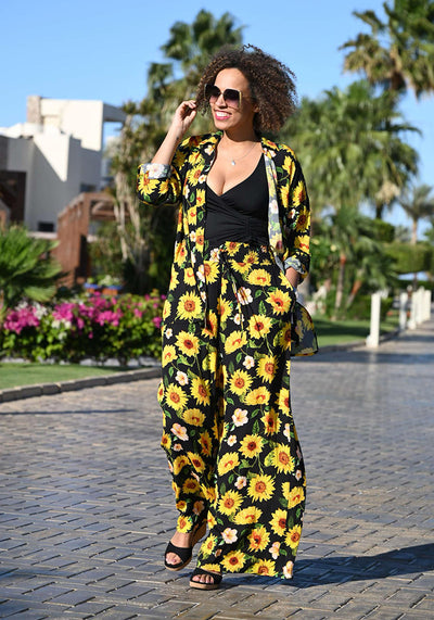 Beck Black Sunflower Print Woven Full Length Popsy Trousers