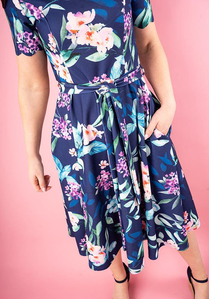 Linnet Navy Floral Print Scallop Vintage Swing Dress